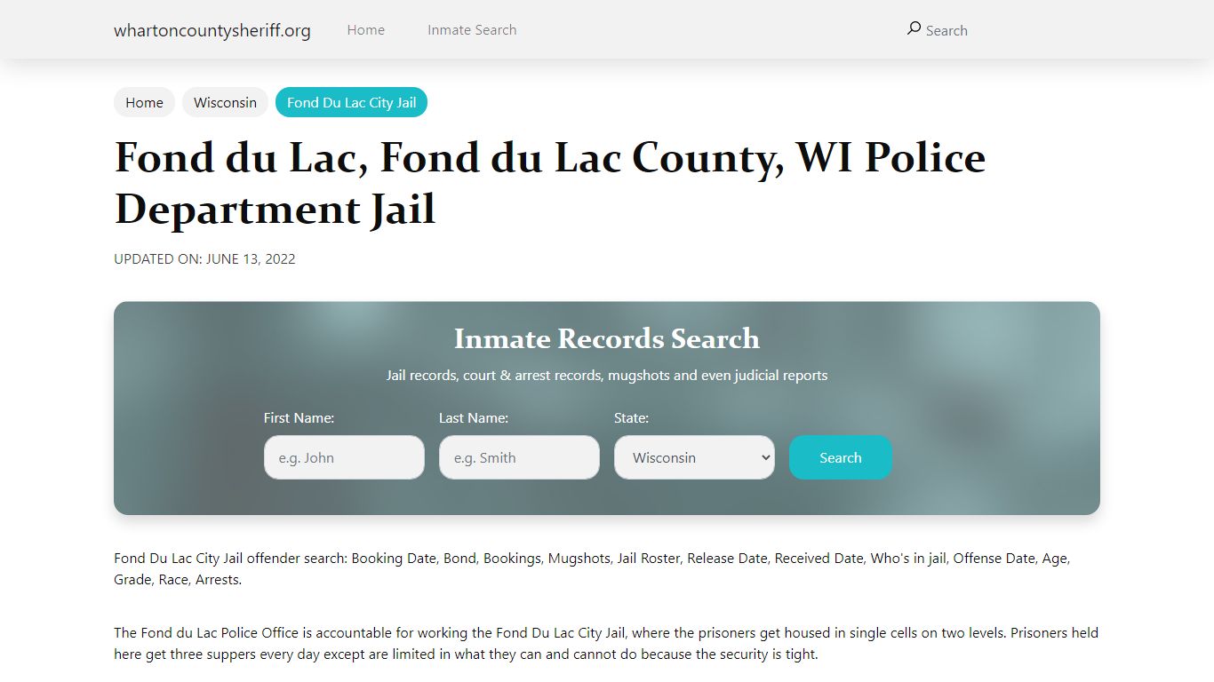 Fond du Lac, WI City Jail Inmates, Arrests