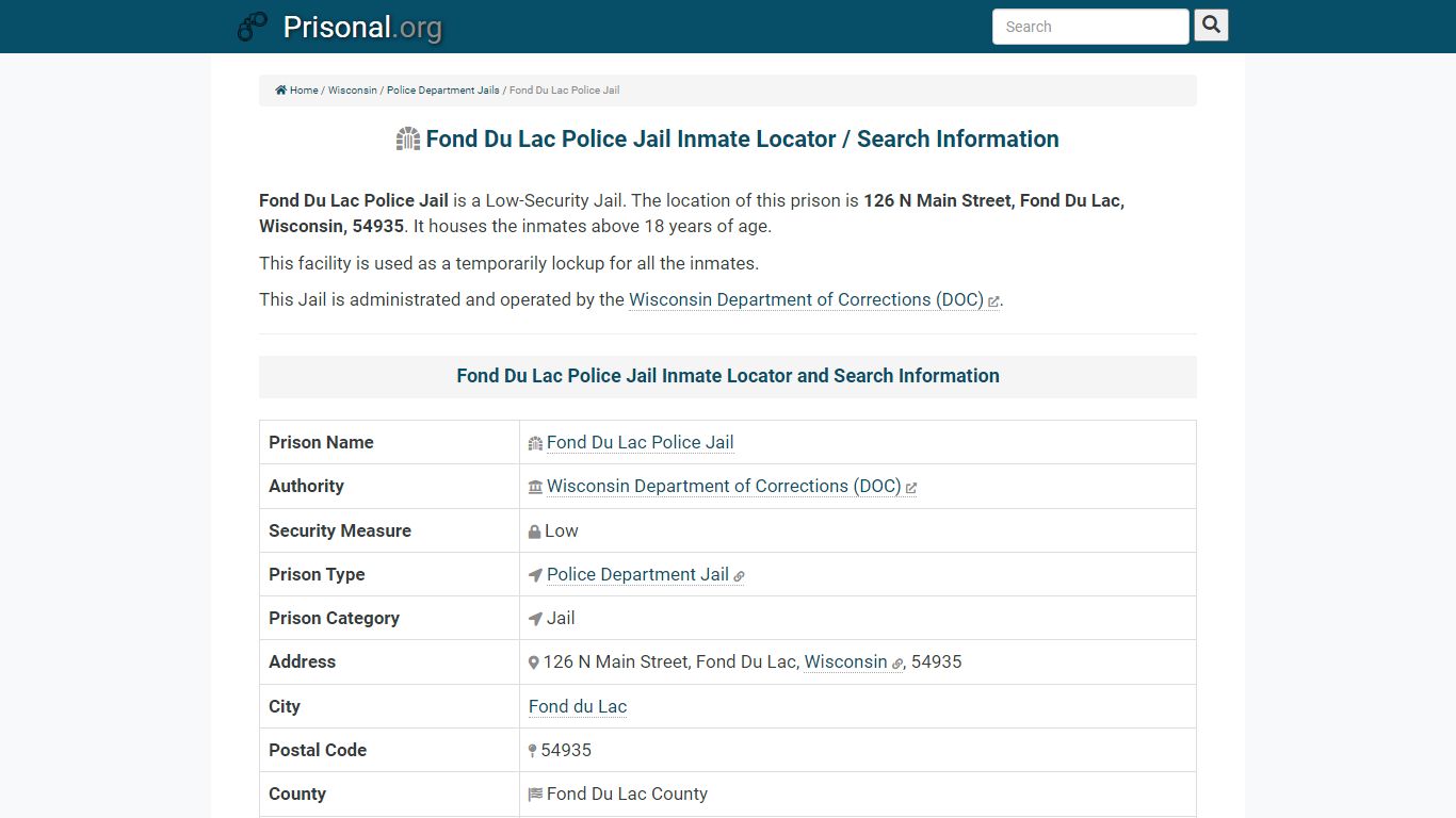 Fond Du Lac Police Jail-Inmate Locator/Search Info, Phone ...